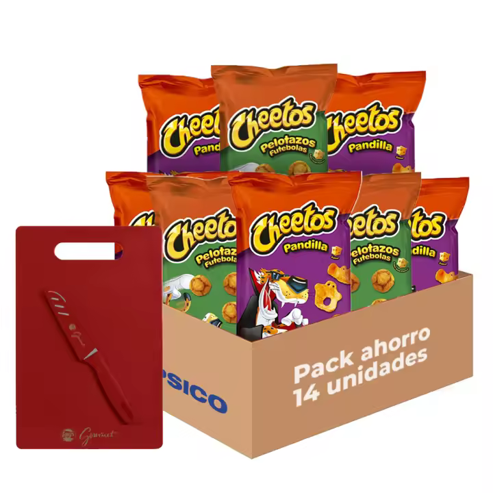 Pack Regalo Cheetos - 7 Pelotazos y 7 Pandilla, Snacks Deliciosos con Sabor a Queso, Total: 497 g en 14 bolsas de Aperitivos Crujientes e Irresistible + Tabla de Cortar y Cuchillo - 1