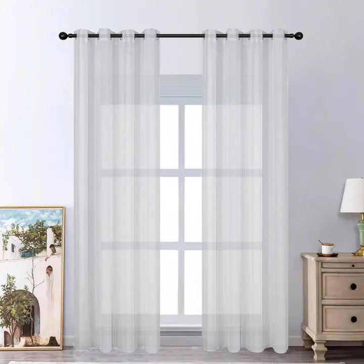Shoppe house - Cortina Transparente de 140 x 260 cm con diseño a Rayas e Hilos Plateados en Tejido Tipo Gasa de Estilo Minimalista. (Gris Claro) - 1