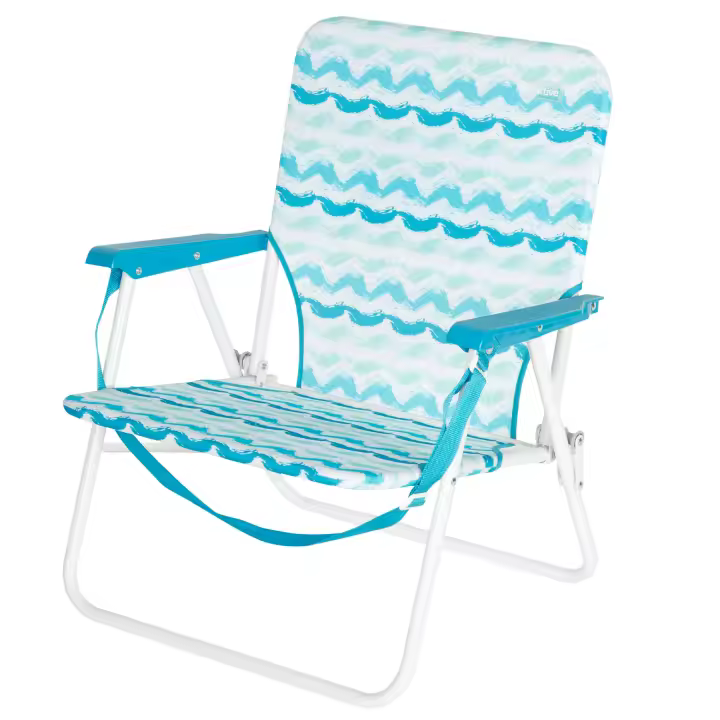 Aktive - Silla de playa plegable con respaldo bajo, bolsillo trasero y asa de transporte, estructura de acero, asiento de poliéster, ligera y compacta, 45x40x70 cm, estampado azul Maldivas - 1