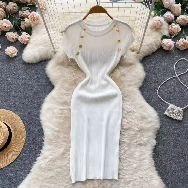 Vestido De Punto Para Mujer Con Cuello Redondo Y Manga Corta Ajustado Y Elegante Vestido De Verano Coreano De Calle Chic Vestido Corto De Dama - 1