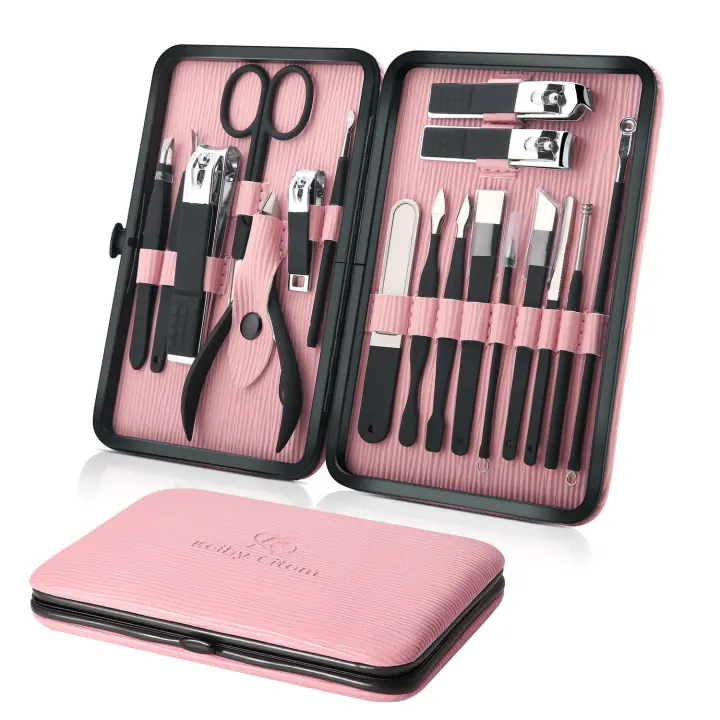 Juego de manicura y pedicura profesional, cortaúñas, kit de cuidado de acero inoxidable para mujer, 18 piezas (rosa) - 1