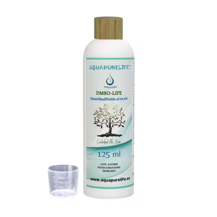 AQUAPURELIFE® DMSO al 99,9% - Botella plastico especial HDPE 125 mililitros - Dimetilsulfóxido Ph EUR - Incluye vasito medidor 20ml - 100% natural - 1