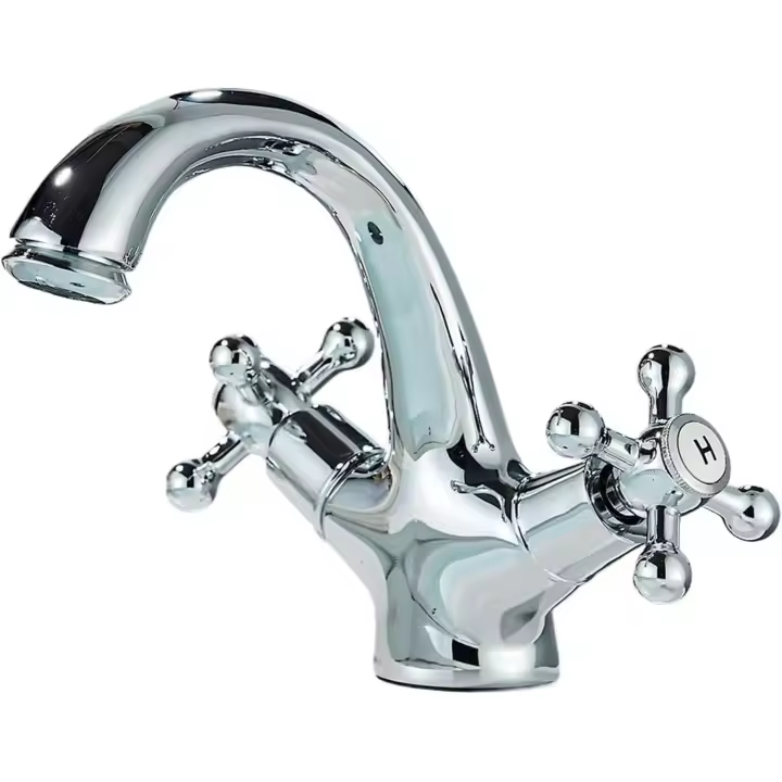 Grifo para lavabo de baño, de solo orificio, Con Manija Doble, fría y Caliente, Con perilla Cruzada, mezclador para lavabo de Grifo con Placa de cubierta y drenaje emergente, Chrome Pulido - 1