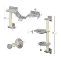 PawHut Estante de Escalada para Gatos de Pared Juego de Estantes para Gatos 4 Piezas con Hamaca Bola Plataformas para Saltar Poste de Sisal y Escalera 84,5x19x54 cm Gris y Beige - details 2
