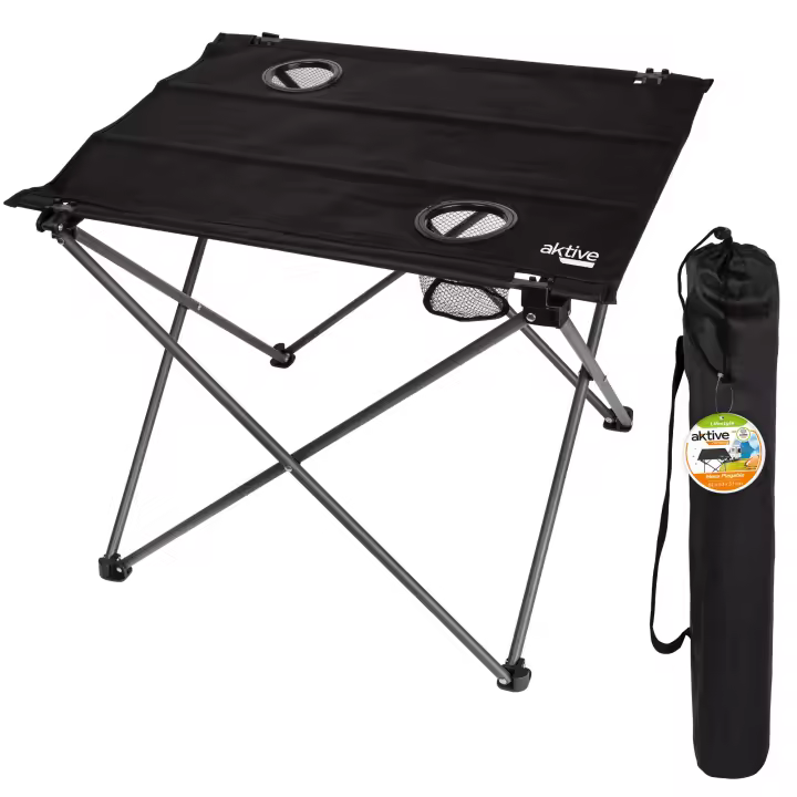 Aktive - Mesa plegable camping de tela, color negro, 61x50x51 cm, uso exterior, tablero removible, estructura plegable, soporta 30 kg, estructura de acero, tablero de poliéster, topes antivuelco, 2 posavasos con rejilla, incluye bolsa, mesa portátil - 1