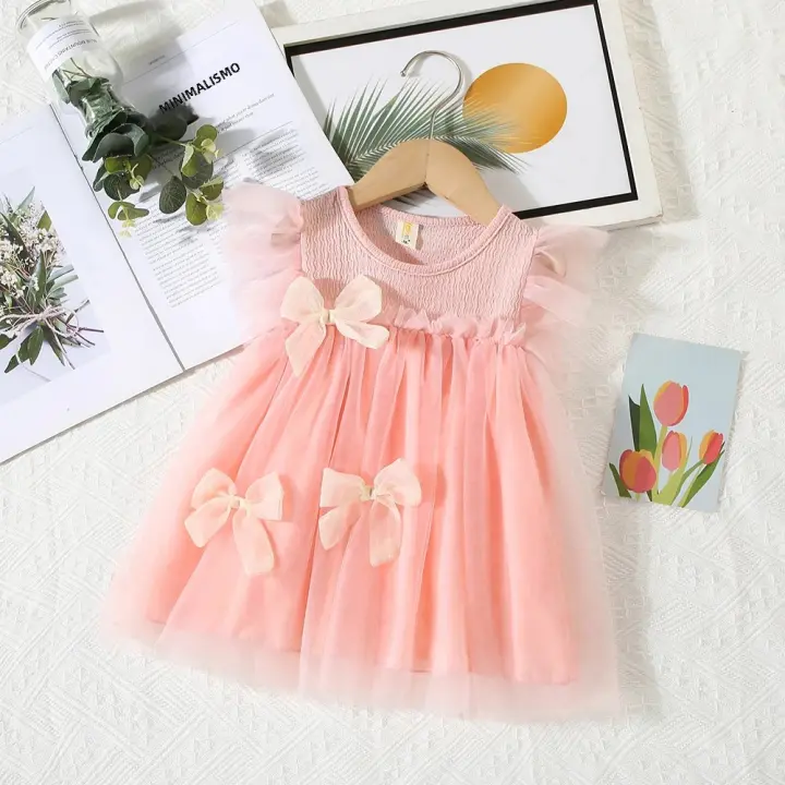 Vestido De Princesa Para Bebé Niña Verano Con Encaje Y Gran Lazo Vestido Sin Mangas Cuello Redondo Estilo Casual Polyester - 1