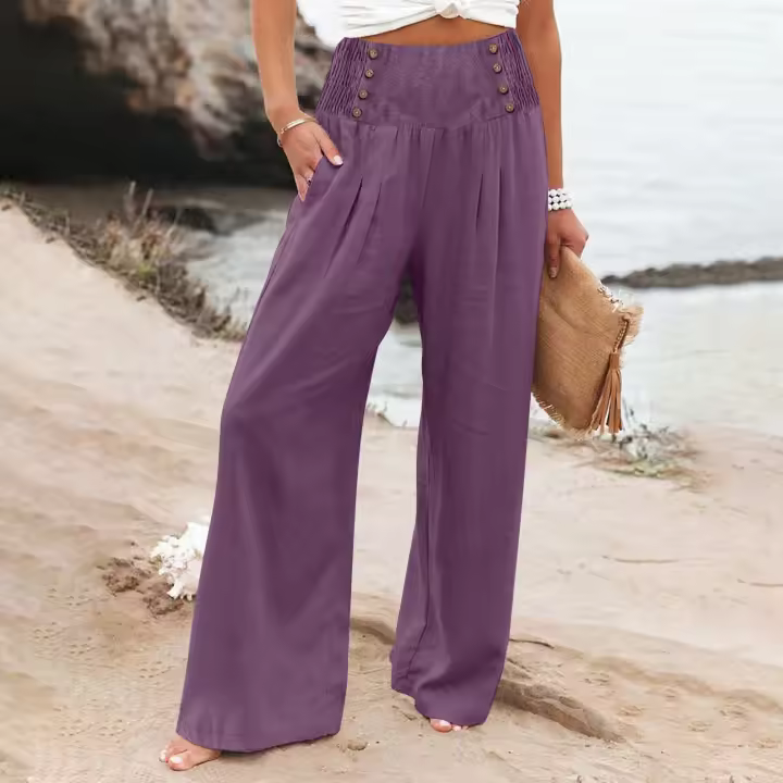 Pantalones Anchos De Pierna Con Bolsillo Para Mujer Estilo Algodón Lino Primavera Verano Cintura Alta Ruched Casual Pantalones De Playa - 1