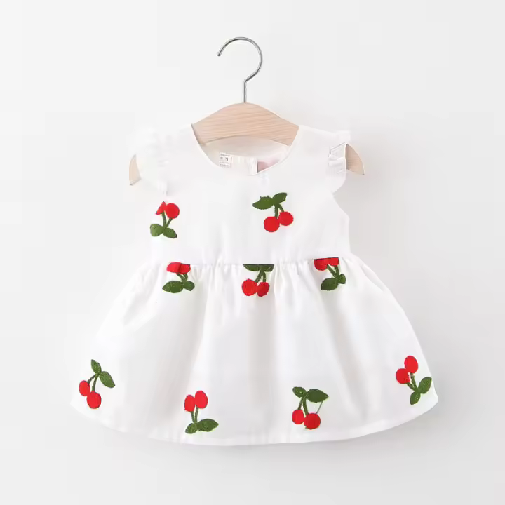 Vestido De Verano Para Bebé Niña Con Bordado De Cereza Cuello Redondo Y Manga Volante Vestido De Princesa Para Niñas Ropa Infantil - 1