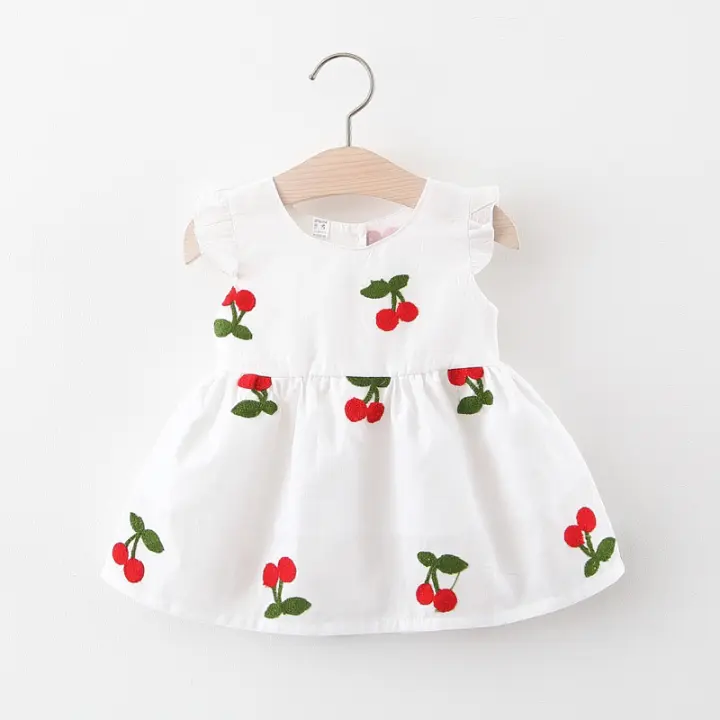 Vestido De Verano Para Bebé Niña Con Bordado De Cereza Cuello Redondo Y Manga Volante Vestido De Princesa Para Niñas Ropa Infantil - 1