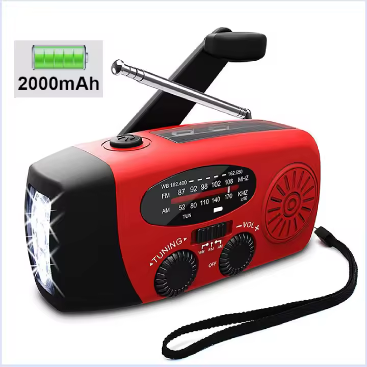 Radio de mano con manivela y indoor LED para Emergencias, Radio meteorológica portátil AM/FM NOAA with Cargador de teléfono Power Bank de 2000 mAh, Carga USB y Energía Solar para camping, Emergencias - 1