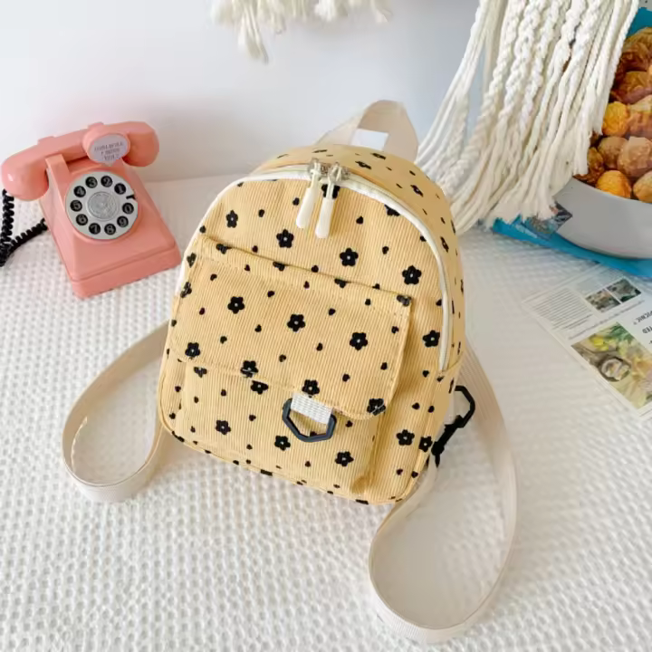 Mochila Pequeña De Corduroy Con Estampado De Flores Ligera Y Multicausa Para Mujer Estilo Fashion Color Beige Amarillo Rosa Marrón Tamaño 19x8x22cm - 1