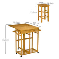 HOMCOM Juego de Mesa Alta de Bar y 2 Taburetes, Mesa Alta de Cocina de Bambú con Ruedas, Tablero Plegable, Ahorro Espacio, Cajones, Toalleros y Reposapiés, Marrón - details 2