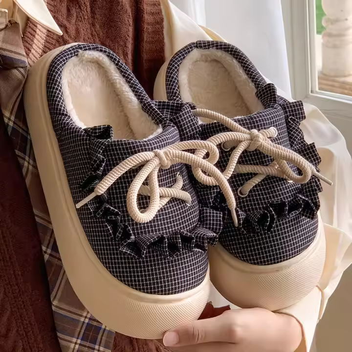 Zapatillas Mary Jane de algodón para el hogar para otoño e invierno, zapatillas antideslizantes con lazo bonito y versátil de suela gruesa a la moda para mujer - 1