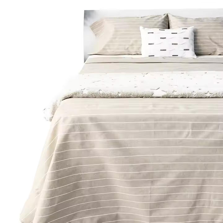 Juego de Sábanas 100% Algodón Alo Home -144 Hilos, Estilo Lino Rayas Beige, Cama 150 cm - 1