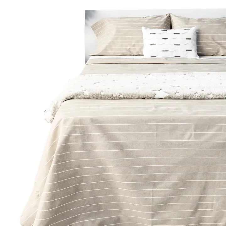 Juego de Sábanas 100% Algodón Alo Home -144 Hilos, Estilo Lino Rayas Beige, Cama 150 cm - 1