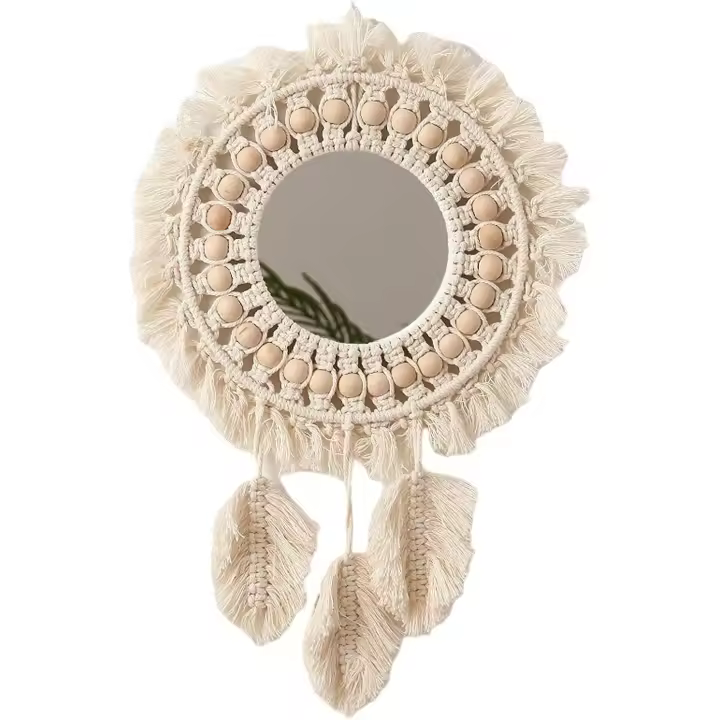 Espejo de pared de macrame, espejo de pared redondo con flecos, tapiz tejido Boho decoración Vintage arte de la pared, espejo antiguo para decoración de paredes - 1