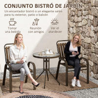 Outsunny Conjunto Jardín Exterior de 3 Piezas Juego de Muebles de Jardín con 2 Sillas Apilables Mesa con Encimera de Vidrio Templado y Estructura de Acero para Terraza Patio Balcón Marrón Oscuro - details 3