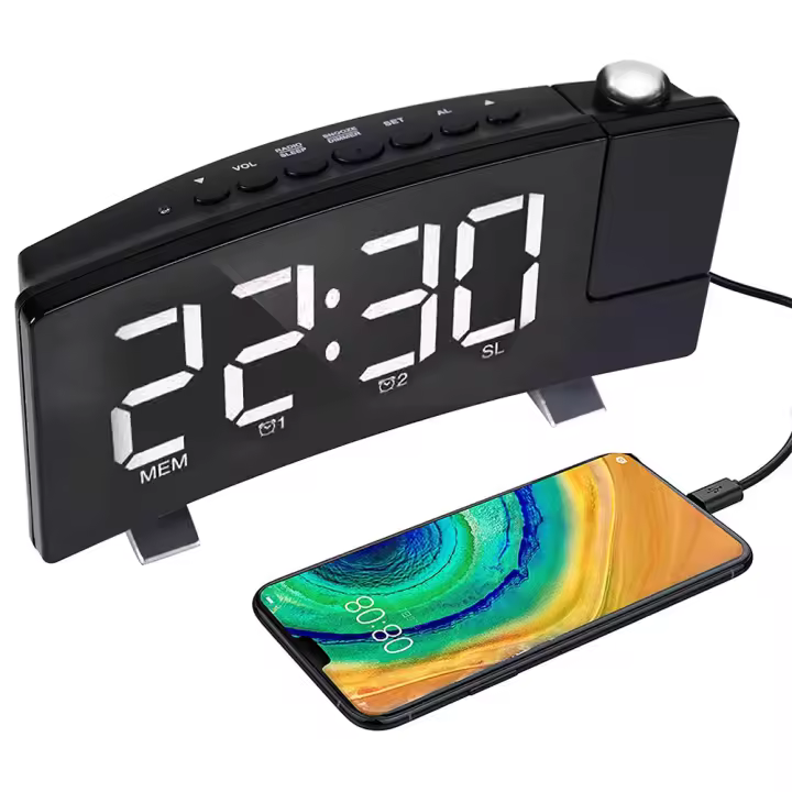 ZVD Despertador de proyección digital para dormitorio con cargador USB, 4 atenuadores, proyector de 180° - 1