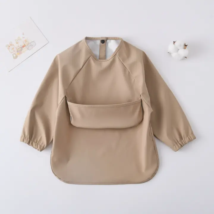 Babero Impermeable Para Bebés Y Niños Con Mangas Largas Y Bolsillo En Color Sólido Adecuado Para Niños Y Niñas Ropa Infantil De Moda - 1