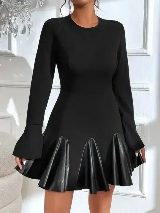 Vestido De Fiesta Casual Para Mujeres De Cuero PU Largo Manga Estilo Club Moda Alta Cuello Medio Patchwork Vestido De Fiesta - 1
