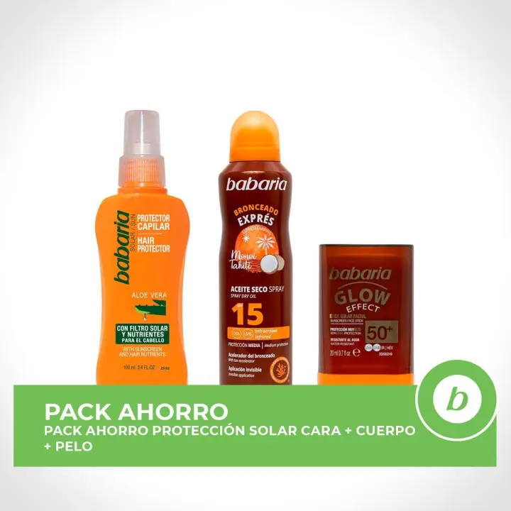 BABARIA Pack ahorro protección solar - Contiene Stick Facial Glow 20ml + Bruma Aceite Seco SPF15 + Protector Capilar de Aloe 100ml - 1