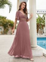 Vestido De Novia Sastre Unithorse Elegante Con Encaje Y Mariposa En Manga Chiffon Para Damas De Honor V-Neck Largo Al Piso - details 11