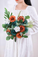 25pcs Flores Artificiales Verdes Turquesas Y Terracota Ombre Con Ramas Rosas PE Para DIY Arreglo De Boda Decoración Del Hogar - details 0