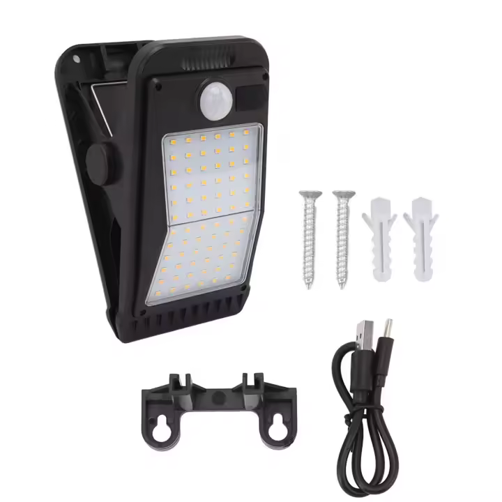 lámpara solar con clip USB y batería incorporada, luz blanca de 72 LED con detección de movimiento por USB para exteriores, patio, jardín y terraza - 1