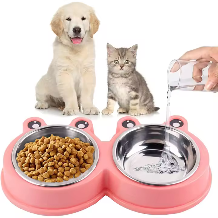 Cuenco antideslizante para perros y gatos, cuenco doble de silicona, cuenco para comida, adecuado para perros pequeños y gatos, cuenco doble ajustable de acero inoxidable (rosa) - 1