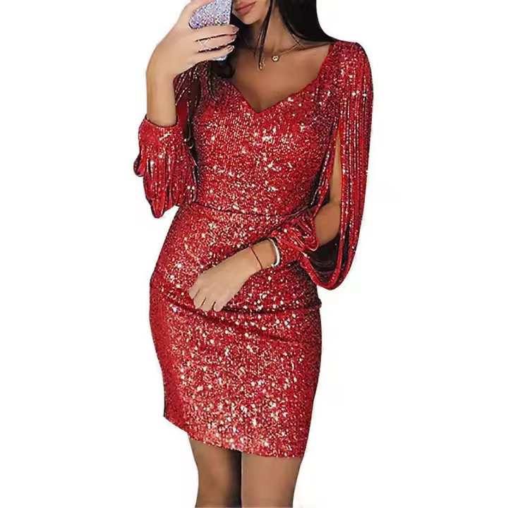 Women's Sequin Pencil Dress Tassel Sleeve V Neck Glitter Cocktails Party Mini Dresses Clubwear - 1
