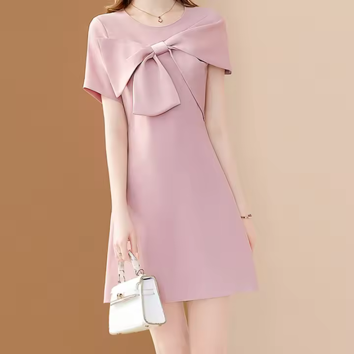 Vestido EVNISI De Verano Para Mujer Elegante Con Lazo Y Manga Mariposa Slim Para Oficina Vestido A-lineado De Color Rosa Dulce Con Cuello Redondo Y Cierre De Cremallera - 1