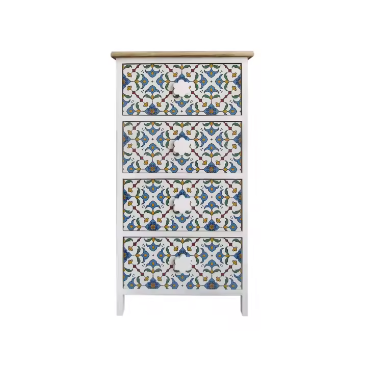Rebecca Mobiliario Cómoda 4 Cajones Madera Mayólica Blanco Claro Azul 76x40x30 - 1
