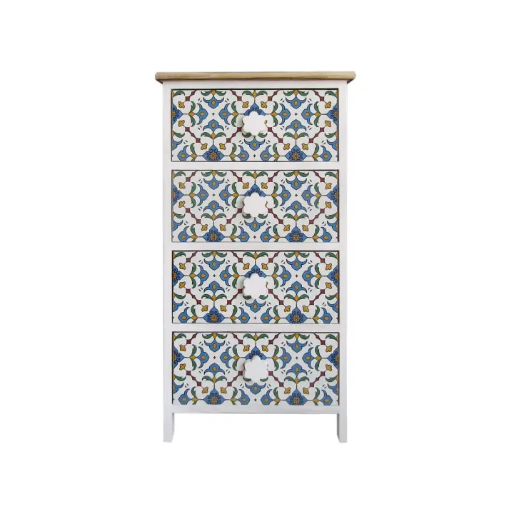 Rebecca Mobiliario Cómoda 4 Cajones Madera Mayólica Blanco Claro Azul 76x40x30 - 1