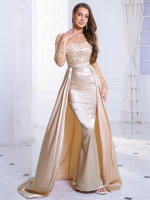 Vestido De Noche Largo De Mano En Satén Con Parches De Lentejuelas A-Line Hollow out Para Baile De Promoción Vestido Maxi De Faldas De Suelo - details 2