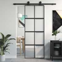 vidaXL Puerta Corredera Panel de Granero Hogar Vidrio Templado y Aluminio Negra Dimensiones 76 x 205 cm, 90 x 205 cm, 102.5 x 205 cm - details 0