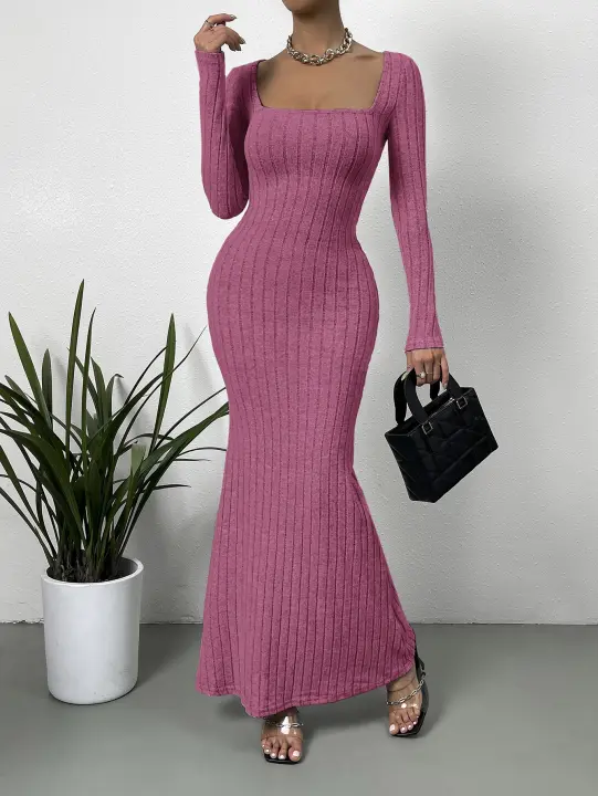 Vestido De Mujer De Punto Con Cuello Cuadrado Y Cintura Ajustada Diseño Moderno Para Otoño E Invierno Vestido Midi Preppy - 1