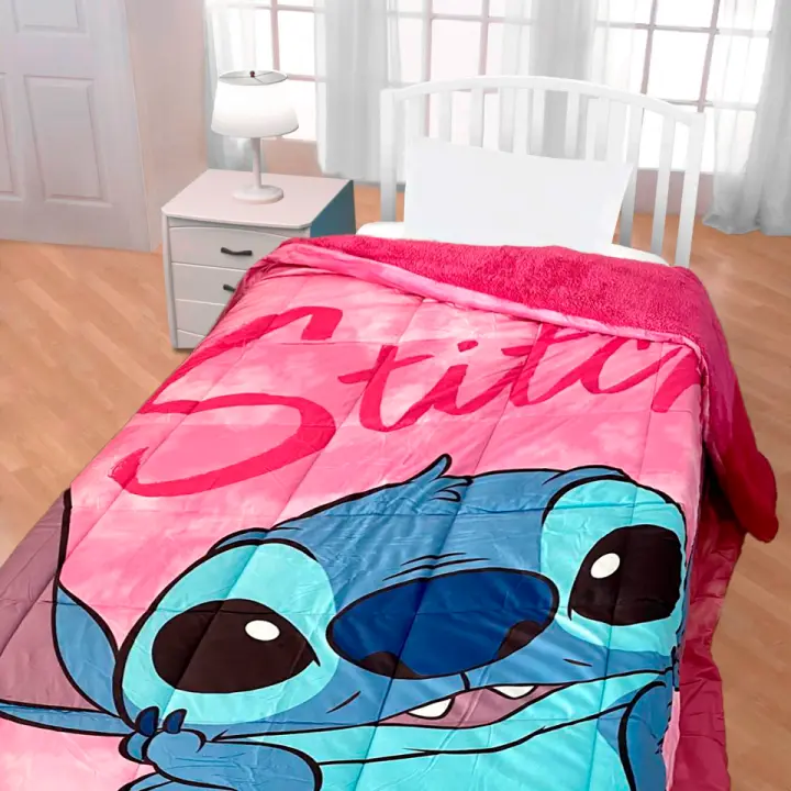 Stitch - Edredón Disney Stitch Rosa con Borrego y Sedalina Aterciopelada Invierno Licencia Oficial Disney 180 x 260 cm (90 - 105 cm) Tacto Suave Cálido rosa - 1