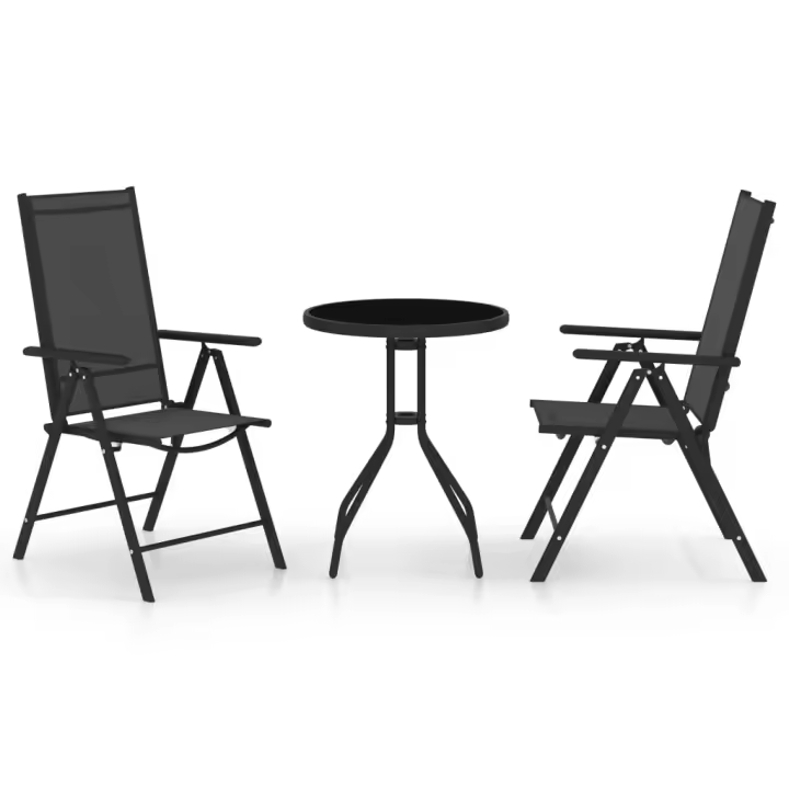 vidaXL Muebles bistró para jardín 3 pzas aluminio y textilene en color Plateado/Negro | almacenamiento funcional diseño moderno para baño dormitorio sala - 1