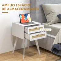 HOMCOM Mesita de Noche Blanca Mesilla de Noche Estilo Cannage con 2 Cajones y Elemento de Ratán Mesita Auxiliar Pequeña para Dormitorio Salón 40x40x60 cm - details 3