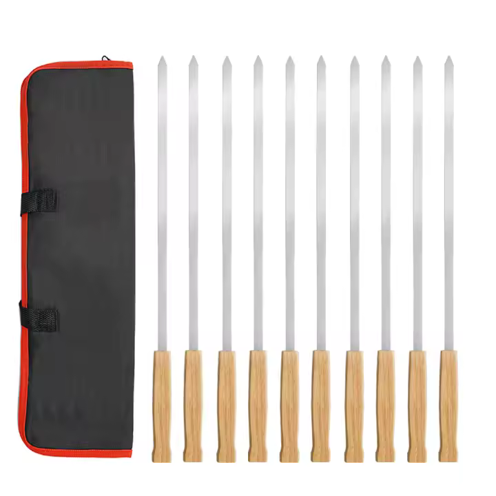 Brochetas de barbacoa de acero inoxidable con mango de madera, brochetas planas, brochetas de barbacoa, brochetas de cordero a la parrilla, brochetas de barbacoa para acampar al aire libre - 1