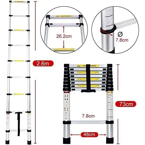 Escalera Plegable Aluminio Material de Alta Calidad y Duradero -Desde 2.0 metros Hasta 4,4 metros - Distintas Alturas Disponibles ,Escalera Telescópica de Aluminio Multiusos EN131 (ES001 3699 4699 6599 7999 8999) - 1