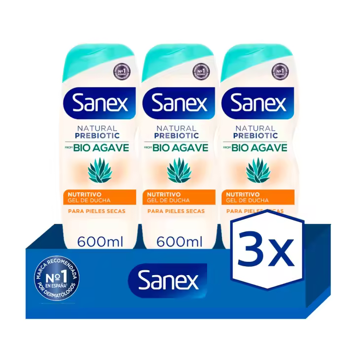 Gel de ducha o baño Sanex Natural Prebiotic de Bio Agave hidratante 600ml. Pack 3 - 1