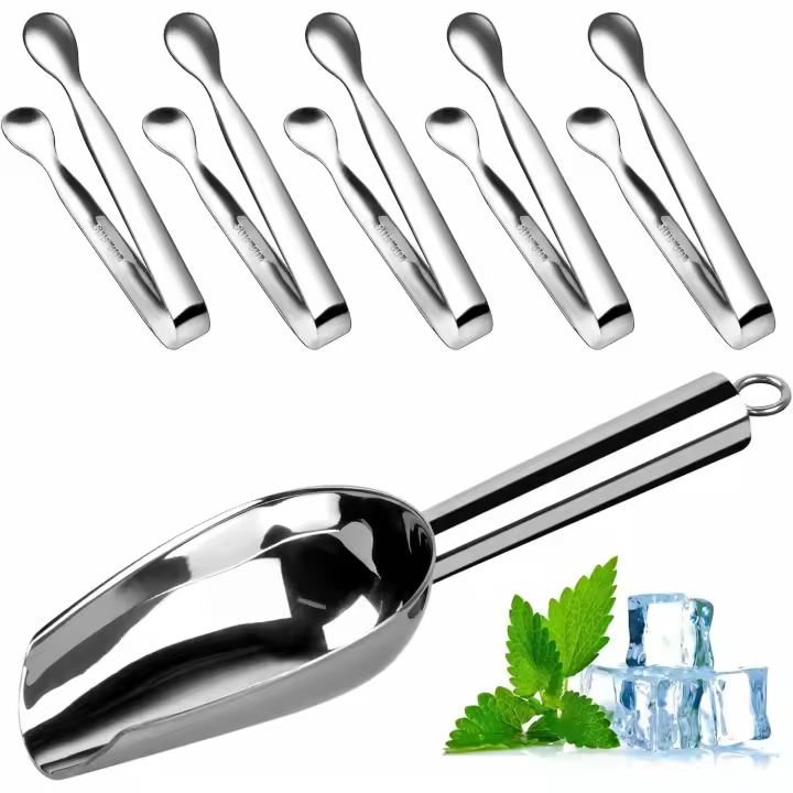Cuchara de hielo y 5 pinzas de hielo acero inoxidable, Juego completo para servir bebidas, pala de hielo acero inoxidable, Pala de Harina, pinzas para cubitos de hielo, pinzas para dulces, Pinzas de cocina para Barra, Barbacoa, Fiesta - 1