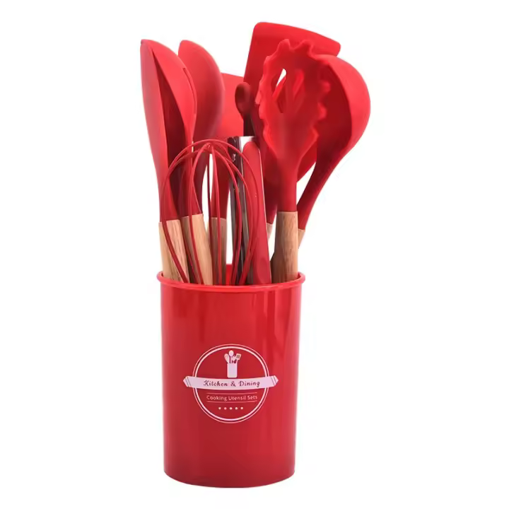 Utensilios de cocina de silicona con Mango de Madera, juego de ollas antiadherentes, Cubo de almacenamiento, 12 piezas - 1