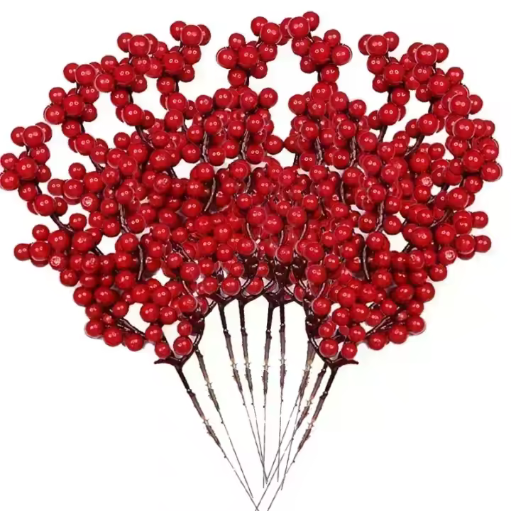 10pcs Ramas De Pino Con Bayas Rojas Artificiales Decoraciones De Navidad Para Arbolito De Año Nuevo Falsas Plantas Rojas De Fruta Adornos DIY Para Festividades - 1