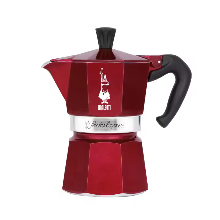Bialetti Cafetera Clásica Italiana - Moka Express, distintos tamaños 3, 6 Tazas de Café -Con/Sin Vasos de Céramica - Cafetera de Aluminio de Alta Calidad para uso en Cocina - Color Rojo - 1