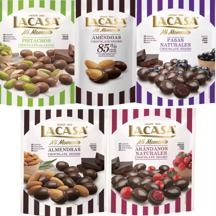 Lacasa Mi Momento pack de 5:Almendra 85% 65G,Arándano choco Negro 125G,Pasas choco Negro 150G,Almendra choco Negro 125G,Pistacho Leche 100G - 1
