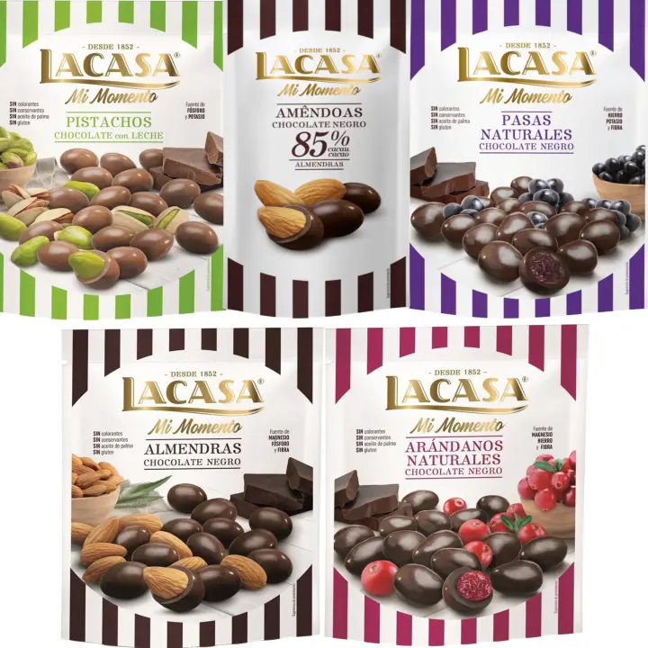 Lacasa Mi Momento pack de 5:Almendra 85% 65G,Arándano choco Negro 125G,Pasas choco Negro 150G,Almendra choco Negro 125G,Pistacho Leche 100G - 1