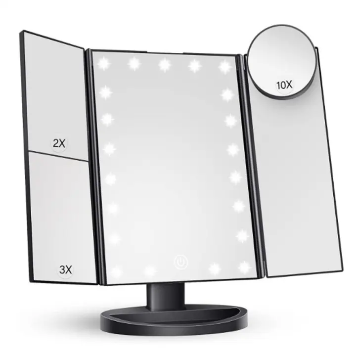 Espejo de Maquillaje con LED, Iluminado Espejo de Mesa Luz con Ampliación 1X / 2X / 3X Plegable Espejo de la Vanidad Rotación 180° Pantalla Táctil Espejo Cosmético para Hombre y Mujer - 1