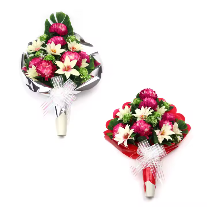 Ramo de Flores Artificiales de Tela para Cementerio arcoirsl - Composición de Crisantemo rosa - Medidas 70 x 50 cm aprox - Ideal para Todos los Santos - Resistente a Intemperie y Duradero - Disponible con Envoltorio en Varios Colores - 1
